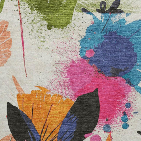 HomeRoots 8' Washable Round Rug with Floral Design - Vibrant Ivory, Blue, Pink & Orange, UV Protected, Durable! 694367
