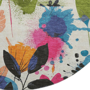 HomeRoots 8' Washable Round Rug with Floral Design - Vibrant Ivory, Blue, Pink & Orange, UV Protected, Durable! 694367