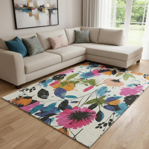 HomeRoots 8' Floral Area Rug in Ivory, Blue, Pink & Orange - Washable, UV-Protected, Stain-Resistant Design 694368