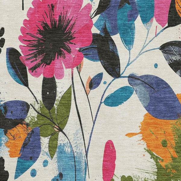 HomeRoots 8' Floral Area Rug in Ivory, Blue, Pink & Orange - Washable, UV-Protected, Stain-Resistant Design 694368