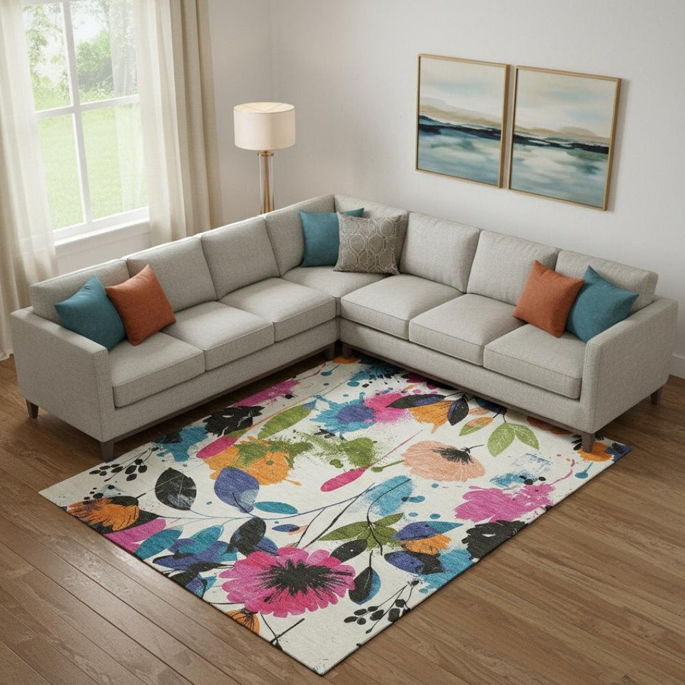 HomeRoots 9' X 12' Floral Area Rug in Ivory, Blue, Pink & Orange – Washable, UV Protected & Stain Resistant! 694369