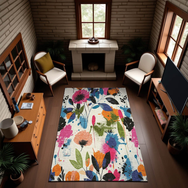 HomeRoots 9' X 12' Floral Area Rug in Ivory, Blue, Pink & Orange – Washable, UV Protected & Stain Resistant! 694369