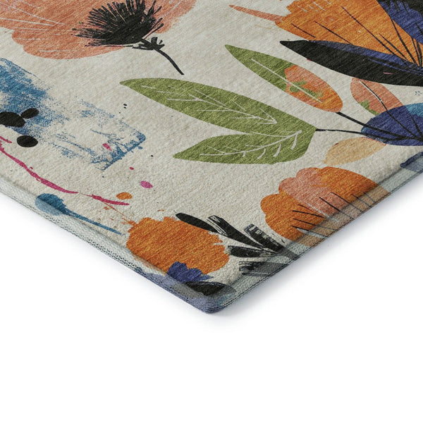 HomeRoots 9' X 12' Floral Area Rug in Ivory, Blue, Pink & Orange – Washable, UV Protected & Stain Resistant! 694369