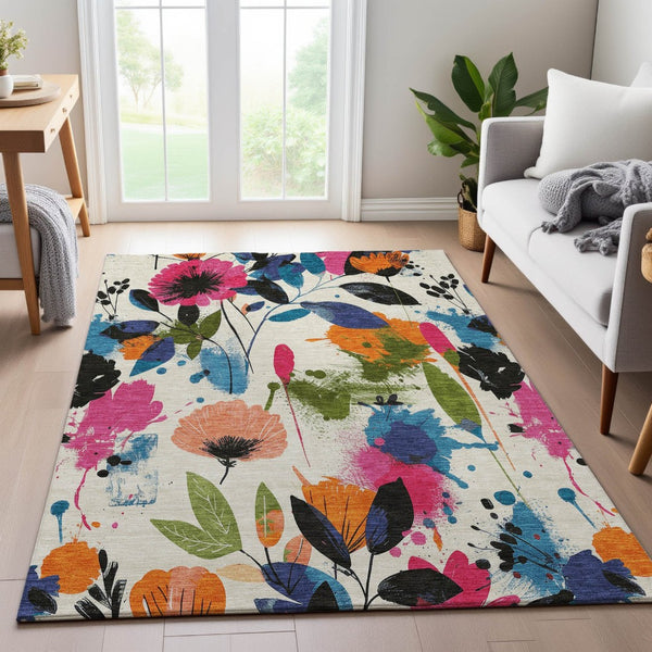 HomeRoots 9' X 12' Floral Area Rug in Ivory, Blue, Pink & Orange – Washable, UV Protected & Stain Resistant! 694369