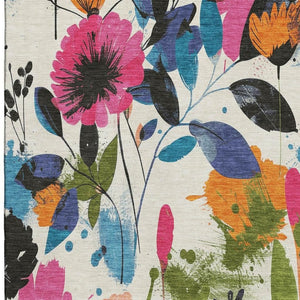 HomeRoots 9' X 12' Floral Area Rug in Ivory, Blue, Pink & Orange – Washable, UV Protected & Stain Resistant! 694369