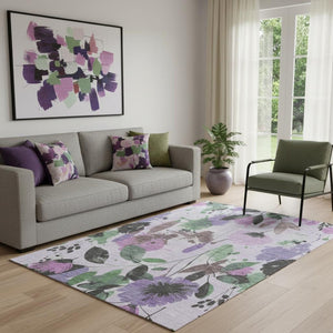 HomeRoots 5' X 8' Floral Area Rug in Lavender, Green & Mauve – Washable, UV Protected & Non-Slip Backing 694372