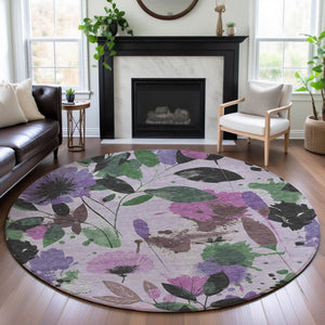 HomeRoots 8' Washable Round Rug in Lavender Green & Mauve Floral Design with UV Protection & Stain Resistance 694373