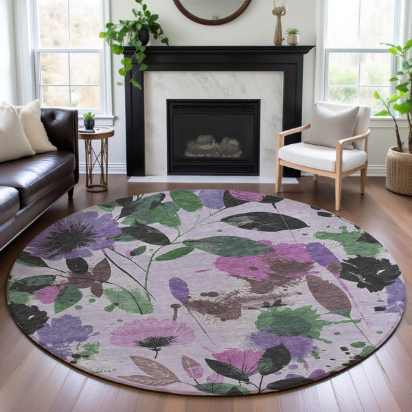 HomeRoots 8' Washable Round Rug in Lavender Green & Mauve Floral Design with UV Protection & Stain Resistance 694373
