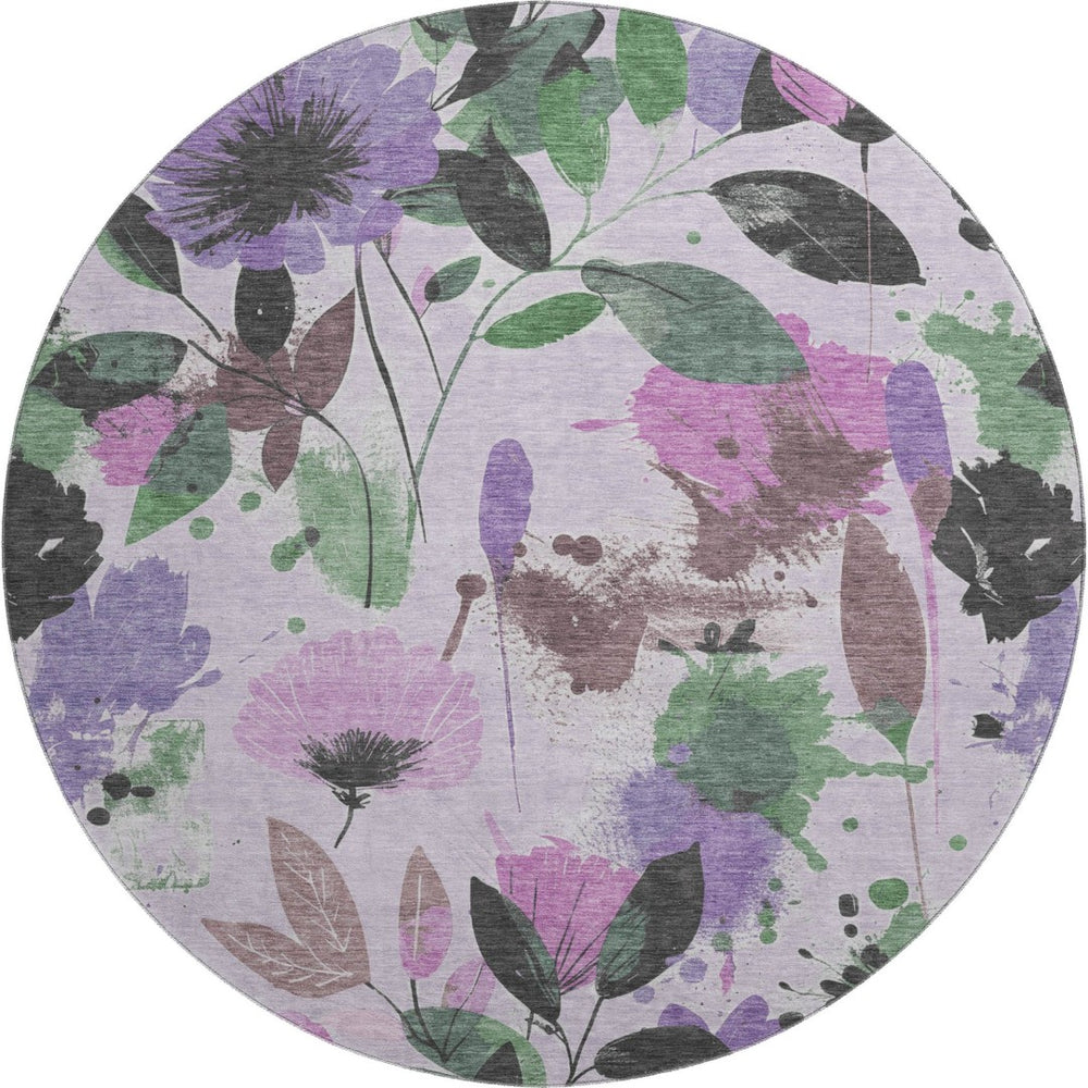 HomeRoots 8' Washable Round Rug in Lavender Green & Mauve Floral Design with UV Protection & Stain Resistance 694373