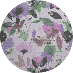 HomeRoots 8' Washable Round Rug in Lavender Green & Mauve Floral Design with UV Protection & Stain Resistance 694373