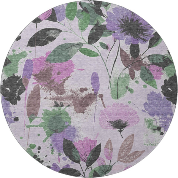 HomeRoots 8' Washable Round Rug in Lavender Green & Mauve Floral Design with UV Protection & Stain Resistance 694373