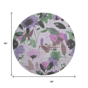 HomeRoots 8' Washable Round Rug in Lavender Green & Mauve Floral Design with UV Protection & Stain Resistance 694373