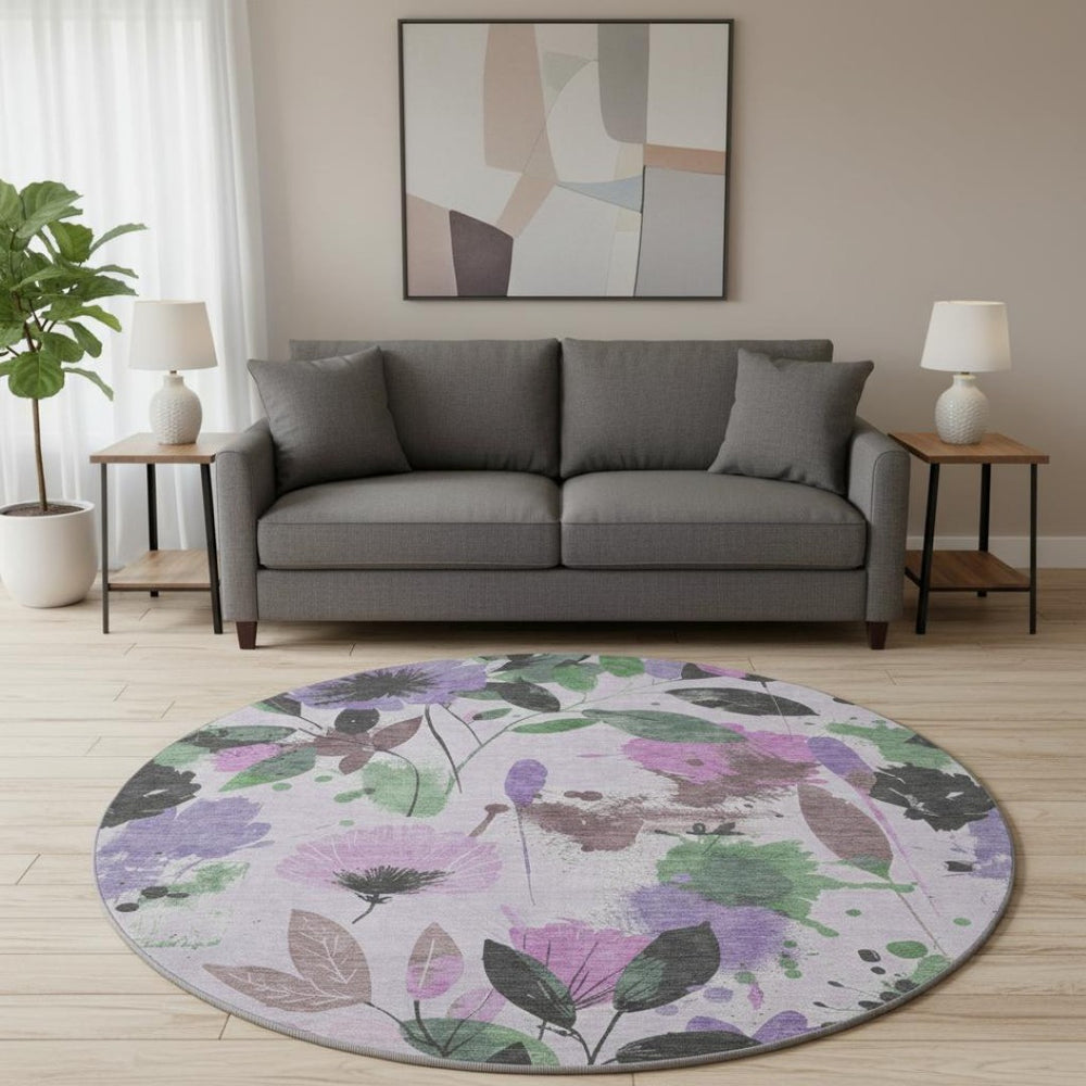 HomeRoots 8' Washable Round Rug in Lavender Green & Mauve Floral Design with UV Protection & Stain Resistance 694373