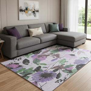 HomeRoots 8' Floral Area Rug in Lavender, Green & Mauve - Washable, UV Protected, Durable for High-Traffic Homes 694374