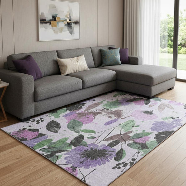 HomeRoots 8' Floral Area Rug in Lavender, Green & Mauve - Washable, UV Protected, Durable for High-Traffic Homes 694374