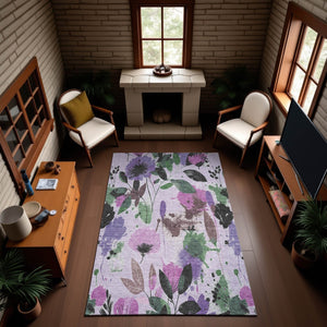 HomeRoots 8' Floral Area Rug in Lavender, Green & Mauve - Washable, UV Protected, Durable for High-Traffic Homes 694374