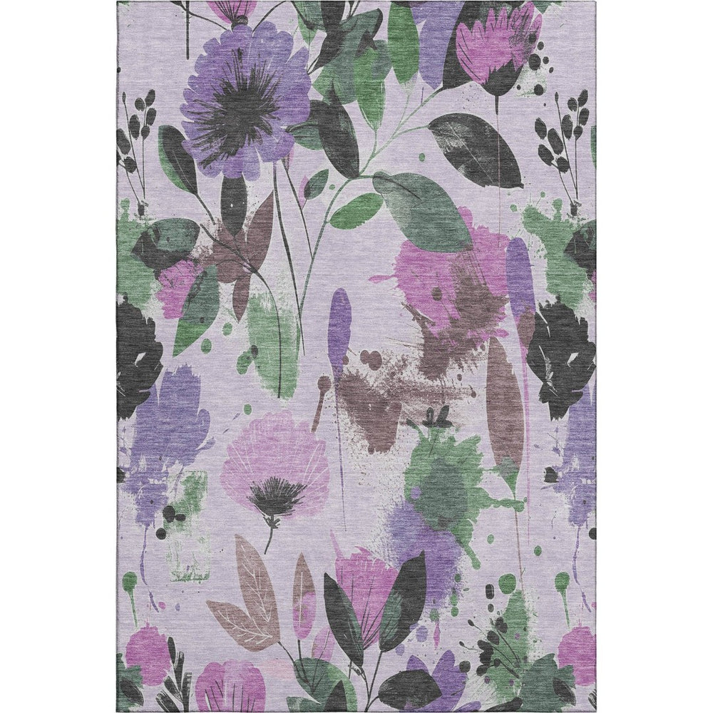 HomeRoots 8' Floral Area Rug in Lavender, Green & Mauve - Washable, UV Protected, Durable for High-Traffic Homes 694374