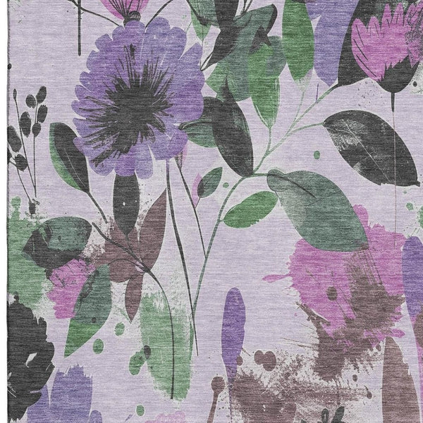 HomeRoots 8' Floral Area Rug in Lavender, Green & Mauve - Washable, UV Protected, Durable for High-Traffic Homes 694374