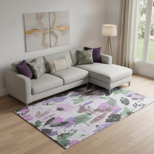 HomeRoots 9' X 12' Floral Area Rug - Lavender Green & Mauve, Washable, UV Protected, Family-Friendly Design 694375
