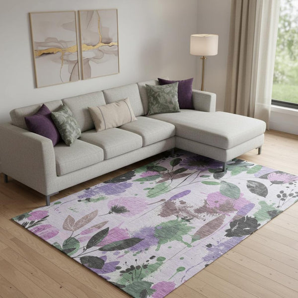 HomeRoots 10' X 14' Washable Floral Area Rug in Lavender, Green & Mauve – UV Protected, Durable, Stylish Decor 694376