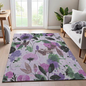 HomeRoots 10' X 14' Washable Floral Area Rug in Lavender, Green & Mauve – UV Protected, Durable, Stylish Decor 694376