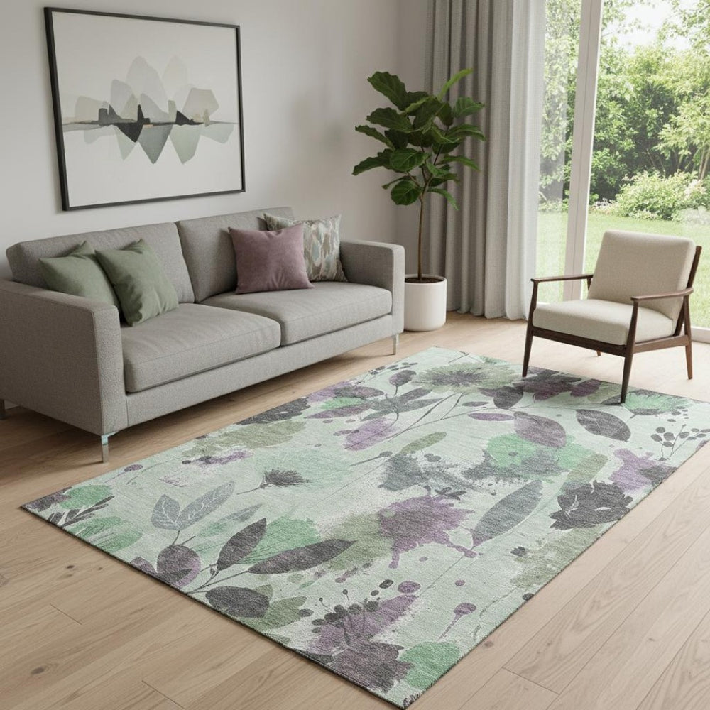 HomeRoots 5' X 8' Floral Area Rug in Sage, Lavender & Gray - Washable, Stain Resistant with UV Protection! 694378