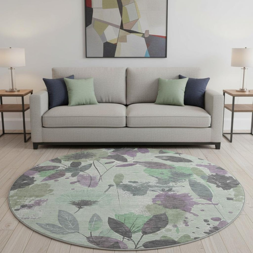 HomeRoots 8' X 8' Floral Round Rug in Sage, Lavender & Gray - Washable, UV Protected, & Stain Resistant Design 694379