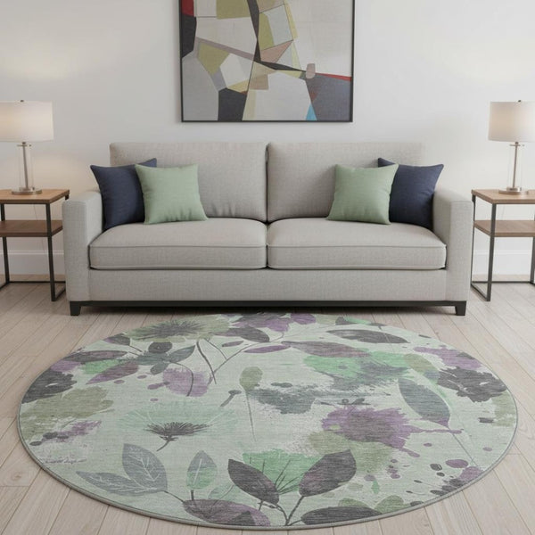 HomeRoots 8' X 8' Floral Round Rug in Sage, Lavender & Gray - Washable, UV Protected, & Stain Resistant Design 694379