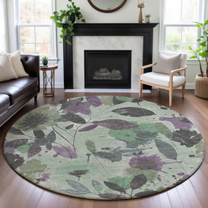 HomeRoots 8' X 8' Floral Round Rug in Sage, Lavender & Gray - Washable, UV Protected, & Stain Resistant Design 694379