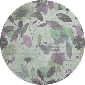 HomeRoots 8' X 8' Floral Round Rug in Sage, Lavender & Gray - Washable, UV Protected, & Stain Resistant Design 694379