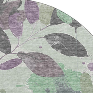 HomeRoots 8' X 8' Floral Round Rug in Sage, Lavender & Gray - Washable, UV Protected, & Stain Resistant Design 694379