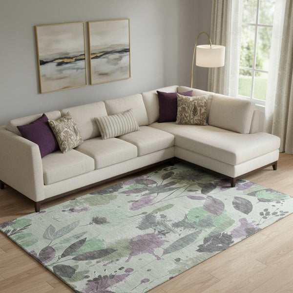HomeRoots 9' X 12' Sage Lavender & Gray Floral Area Rug – Washable, UV Protected, Perfect for Homes with Kids & Pets! 694381