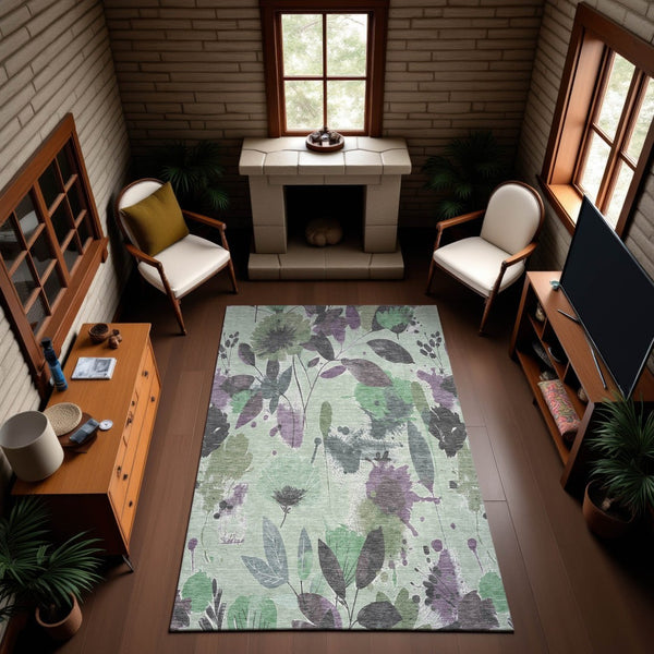 HomeRoots 9' X 12' Sage Lavender & Gray Floral Area Rug – Washable, UV Protected, Perfect for Homes with Kids & Pets! 694381