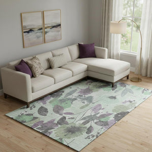 HomeRoots 10' X 14' Sage Lavender Gray Floral Washable Area Rug - UV Protected, Stain Resistant & Non-Slip! 694382