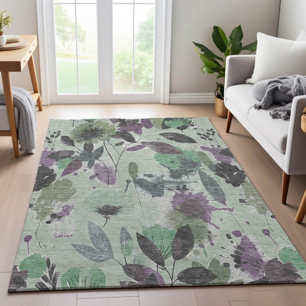 HomeRoots 10' X 14' Sage Lavender Gray Floral Washable Area Rug - UV Protected, Stain Resistant & Non-Slip! 694382