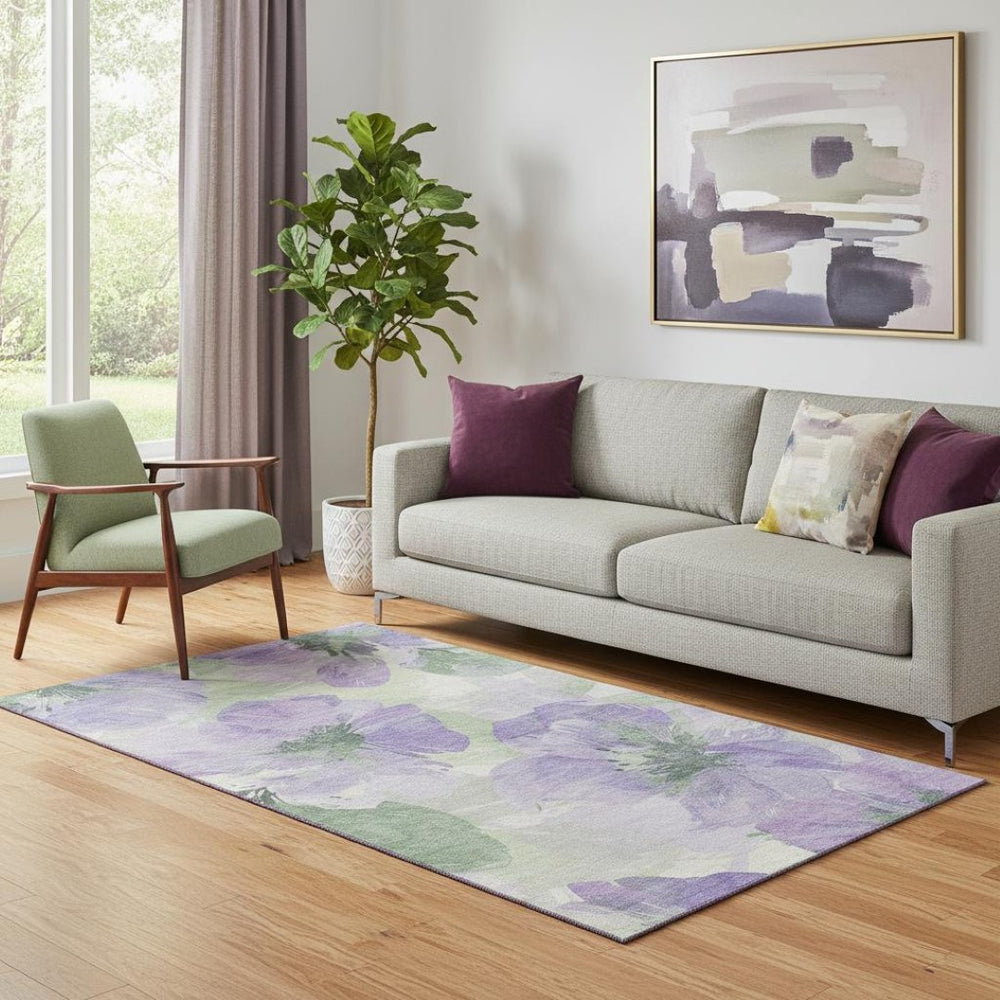 HomeRoots 5' X 8' Floral Area Rug in Lavender & Green - Washable, Stain Resistant, UV Protected for Busy Homes 694384