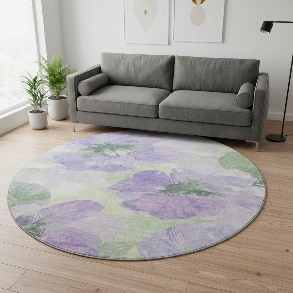 HomeRoots 8' X 8' Floral Round Rug in Lavender & Green - Washable, UV-Protected, Perfect for Any Home Decor! 694385