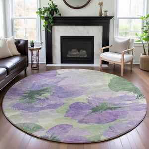 HomeRoots 8' X 8' Floral Round Rug in Lavender & Green - Washable, UV-Protected, Perfect for Any Home Decor! 694385