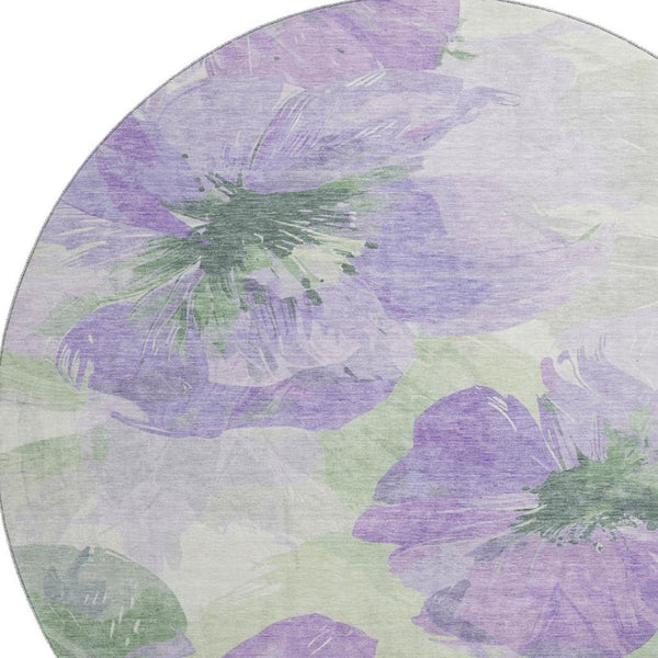 HomeRoots 8' X 8' Floral Round Rug in Lavender & Green - Washable, UV-Protected, Perfect for Any Home Decor! 694385