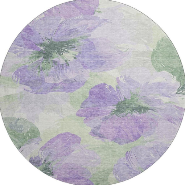 HomeRoots 8' X 8' Floral Round Rug in Lavender & Green - Washable, UV-Protected, Perfect for Any Home Decor! 694385