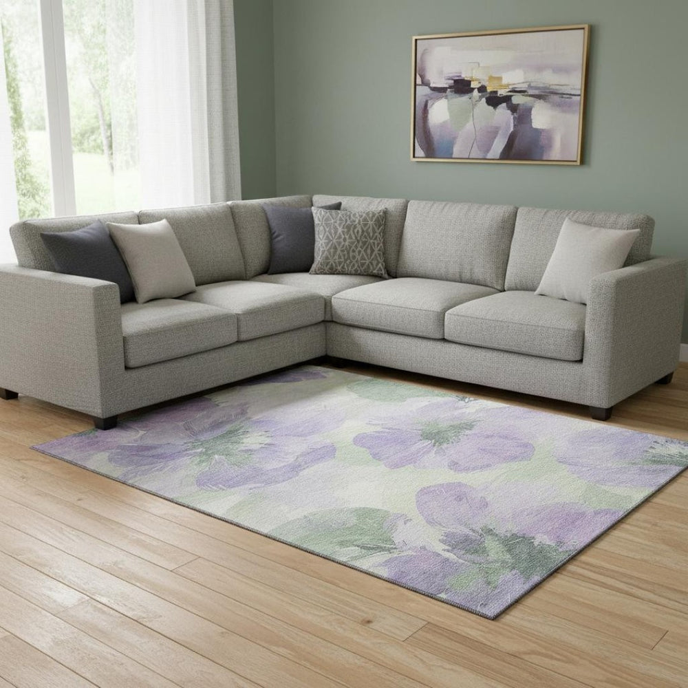 HomeRoots 8' Floral Area Rug in Lavender & Green - Washable, UV Protected, Stain Resistant, Ideal for Homes 694386