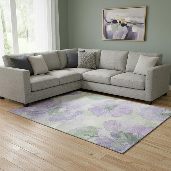 HomeRoots 8' Floral Area Rug in Lavender & Green - Washable, UV Protected, Stain Resistant, Ideal for Homes 694386