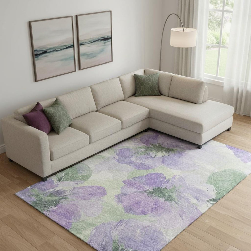 HomeRoots 9' X 12' Elegant Lavender & Green Floral Area Rug - Washable, UV Resistant, Non-Slip Backing 694387