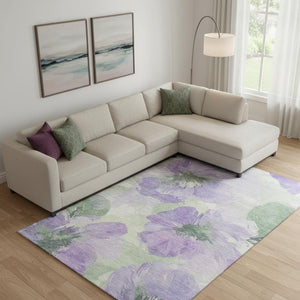 HomeRoots 9' X 12' Elegant Lavender & Green Floral Area Rug - Washable, UV Resistant, Non-Slip Backing 694387