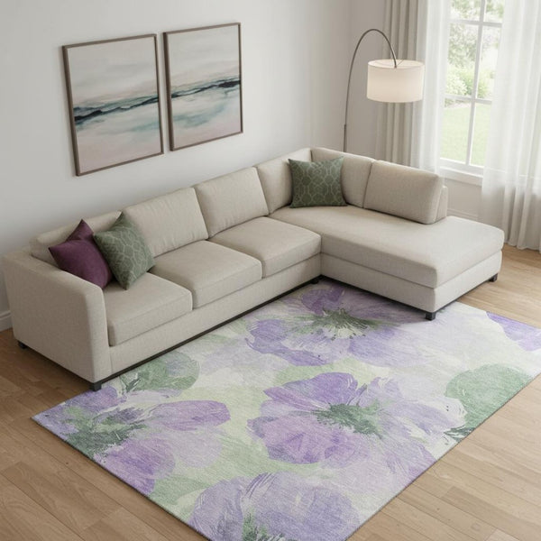 HomeRoots 9' X 12' Elegant Lavender & Green Floral Area Rug - Washable, UV Resistant, Non-Slip Backing 694387