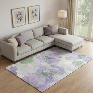 HomeRoots 10' X 14' Stylish Lavender & Green Floral Area Rug - Washable, UV-Protected, Perfect for Homes! 694388