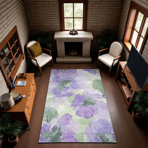 HomeRoots 10' X 14' Stylish Lavender & Green Floral Area Rug - Washable, UV-Protected, Perfect for Homes! 694388