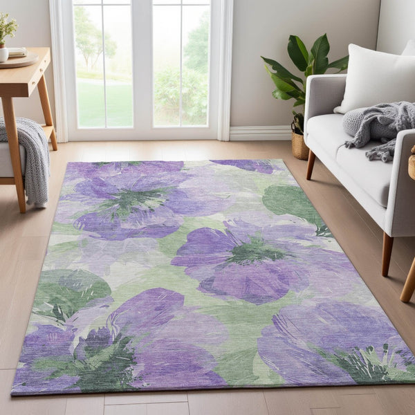 HomeRoots 10' X 14' Stylish Lavender & Green Floral Area Rug - Washable, UV-Protected, Perfect for Homes! 694388