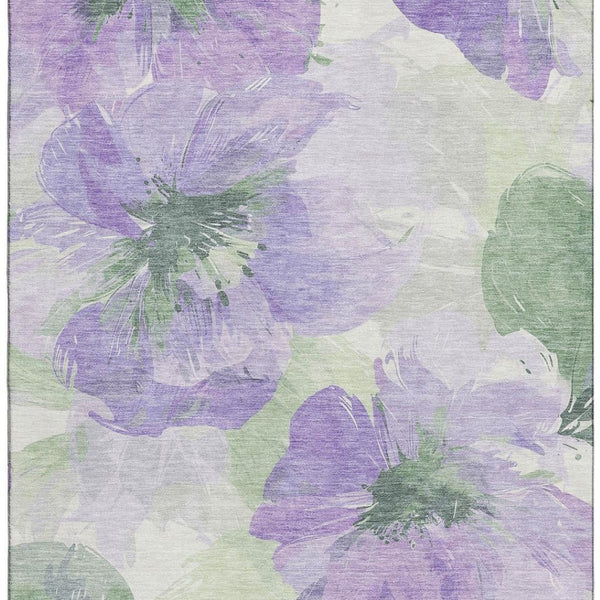 HomeRoots 10' X 14' Stylish Lavender & Green Floral Area Rug - Washable, UV-Protected, Perfect for Homes! 694388