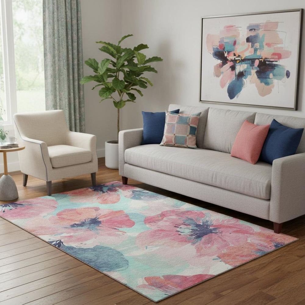HomeRoots 5' X 8' Floral Washable Area Rug in Pink, Blue & Ivory - UV Protected, Stain Resistant, Durable Comfort 694390